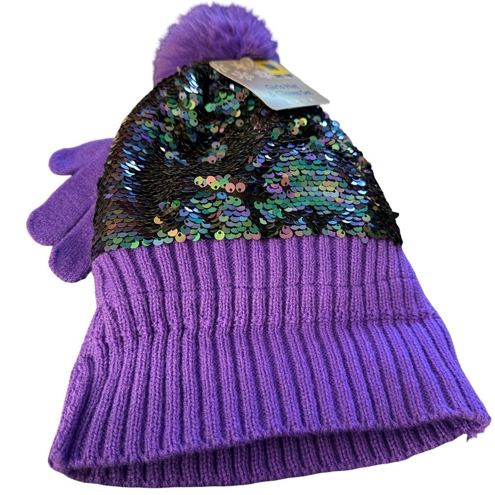 Girls Purple Sequin Beanie Hat and Gloves Set with Pom Pom Size 4-5T - Picture 6 of 8